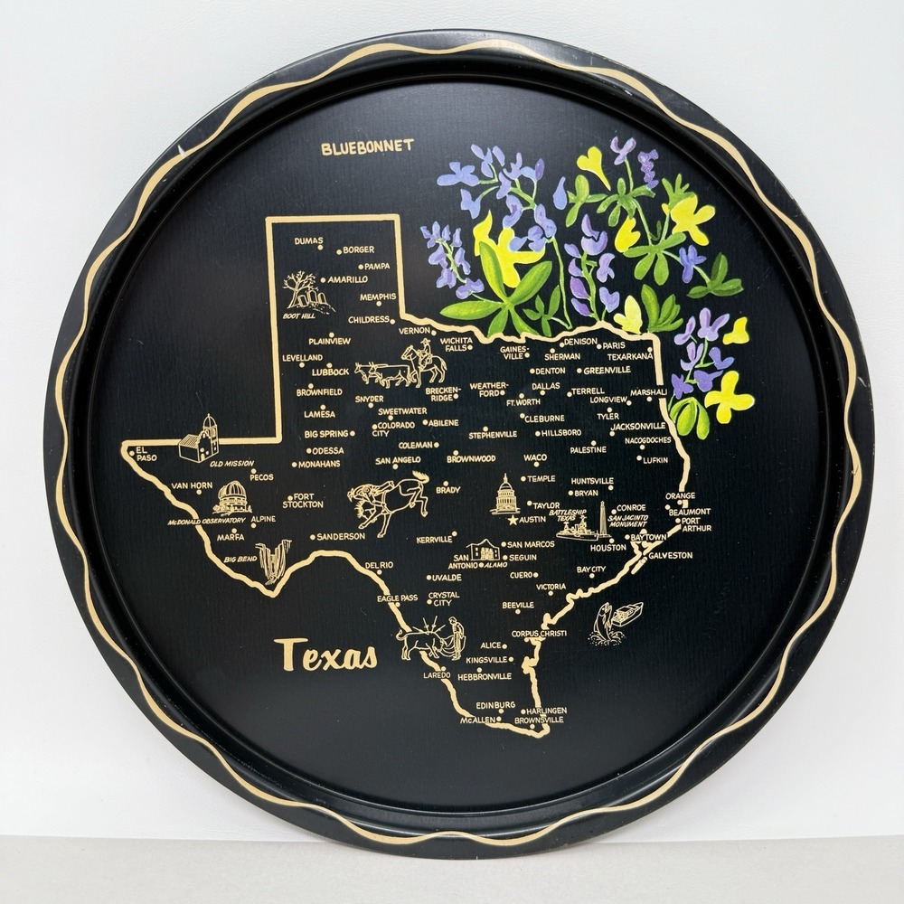 Vintage Texas State Tray MCM Kitschy Barware Graphic Souvenir Decor Platter
